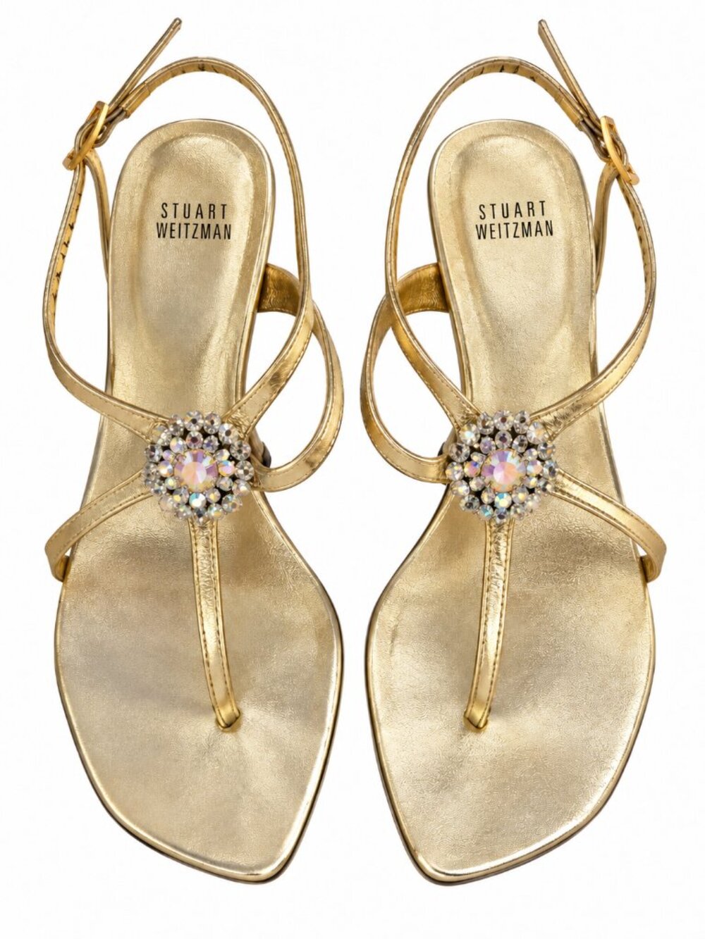 Stuart Weitzman strappy thong toe high heel sandals w sparkle embellishment